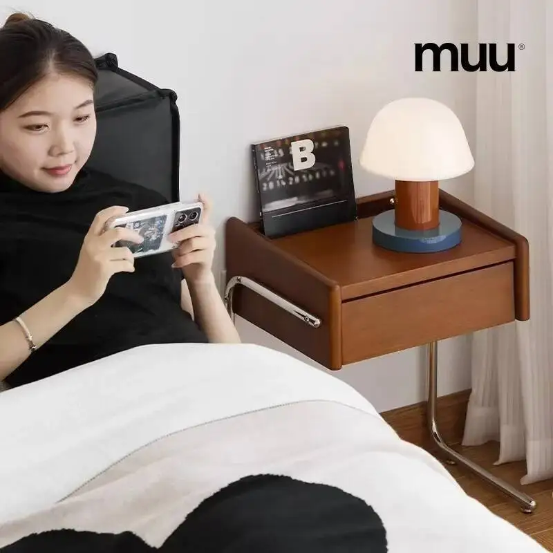 منضدة من الخشب الصلب الحديث العتيق - طاولة جانبية من الفولاذ المقاوم للصدأ عائمة بسيطة لغرفة النوم وغرفة المعيشة #4