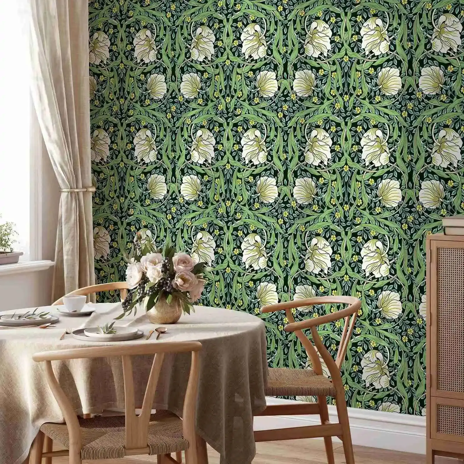 グリーンウィリアムモリス壁紙、ヴィンテージピンパーネル自己粘着/レギュラーフローラル壁紙、ピールアンドスティックまたは伝統未貼り付け