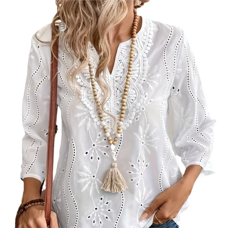 White Lace Hollow Out Embroidery Women Shirts Elegant Lace Panel V Neck 3/4 Sleeve Autumn 2024 Loose Casual Solid Streetwear Top
