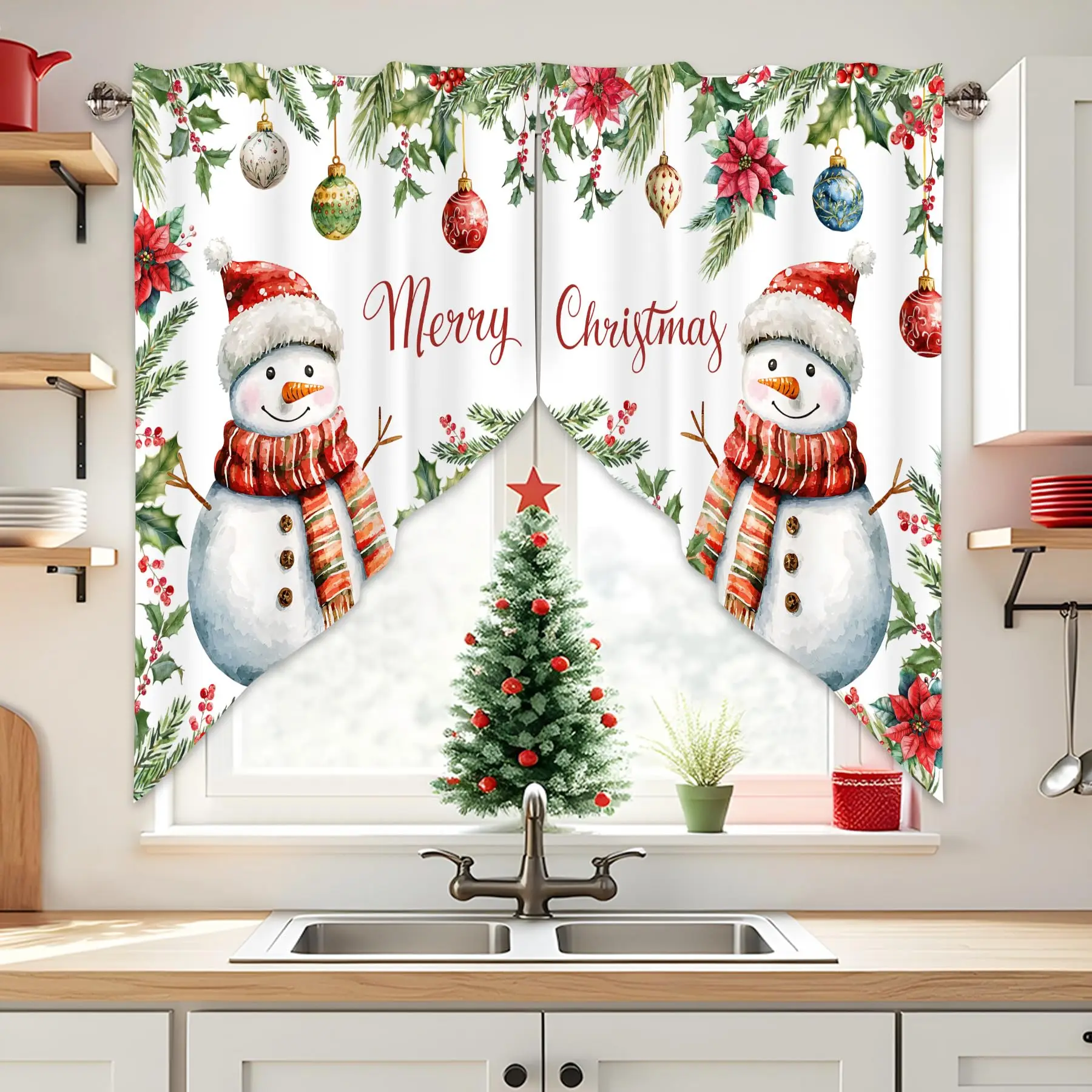 Christmas Snowman Swag Curtains for Windows for Bathroom and Bedroom Windows Holiday Pattern Snowflake Pine Tree