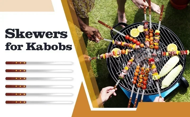 12 Pieces Skewers for Kabobs Grilling Barbecue Long Skewers Stainless Steel Reusable BBQ Skewers with Wood Handle 40/50/60cm