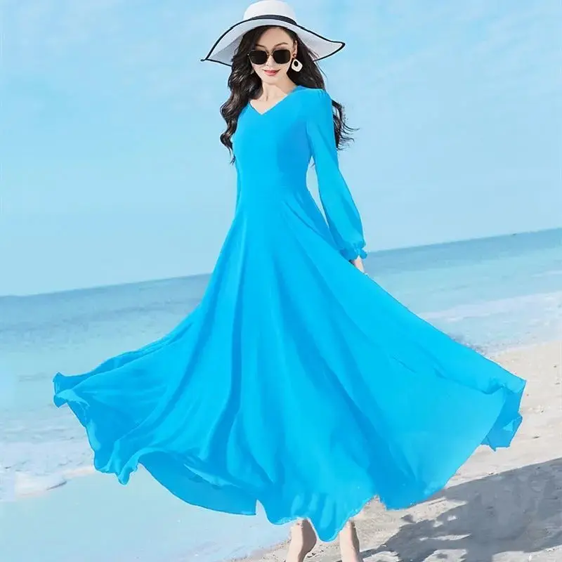 Summer Boho Maxi Dress Women 2023 Solid Colors Chiffon Long Beach Dress Korean Fashion Ruffles Flare Sleeve Bodycon Dress