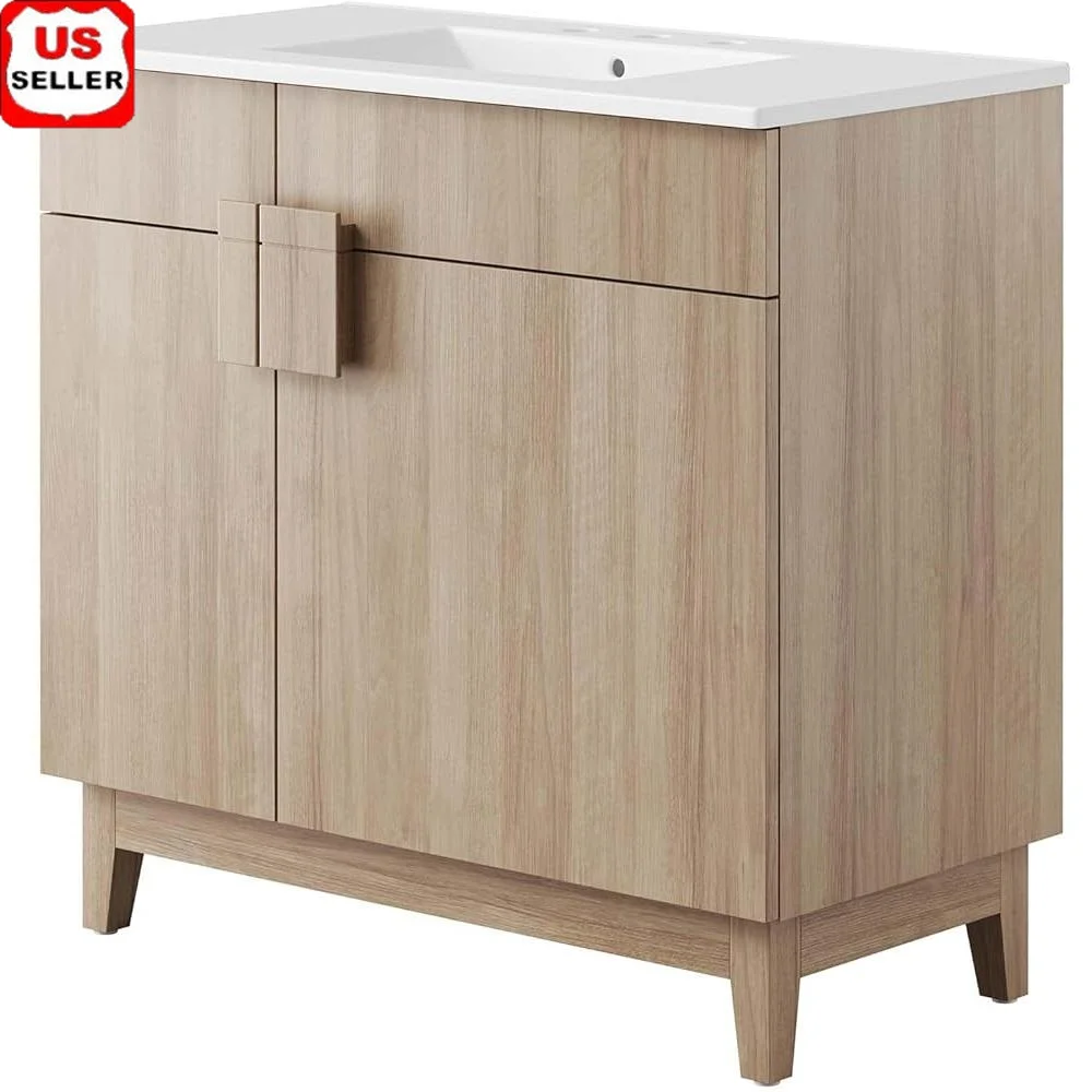 

Современный туалетный столик для ванной комнаты с изогнутой керамической раковиной. Современный дизайн. Два полки. Элегантный светильник с вырезом. Сантехника.