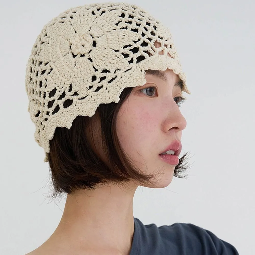 

Casual Handmade Crochet Flower Hat Thin Bohemian Style Beanies Hat Ethnic Style Korean Hollow Out Knitted Hat Spring and Summer