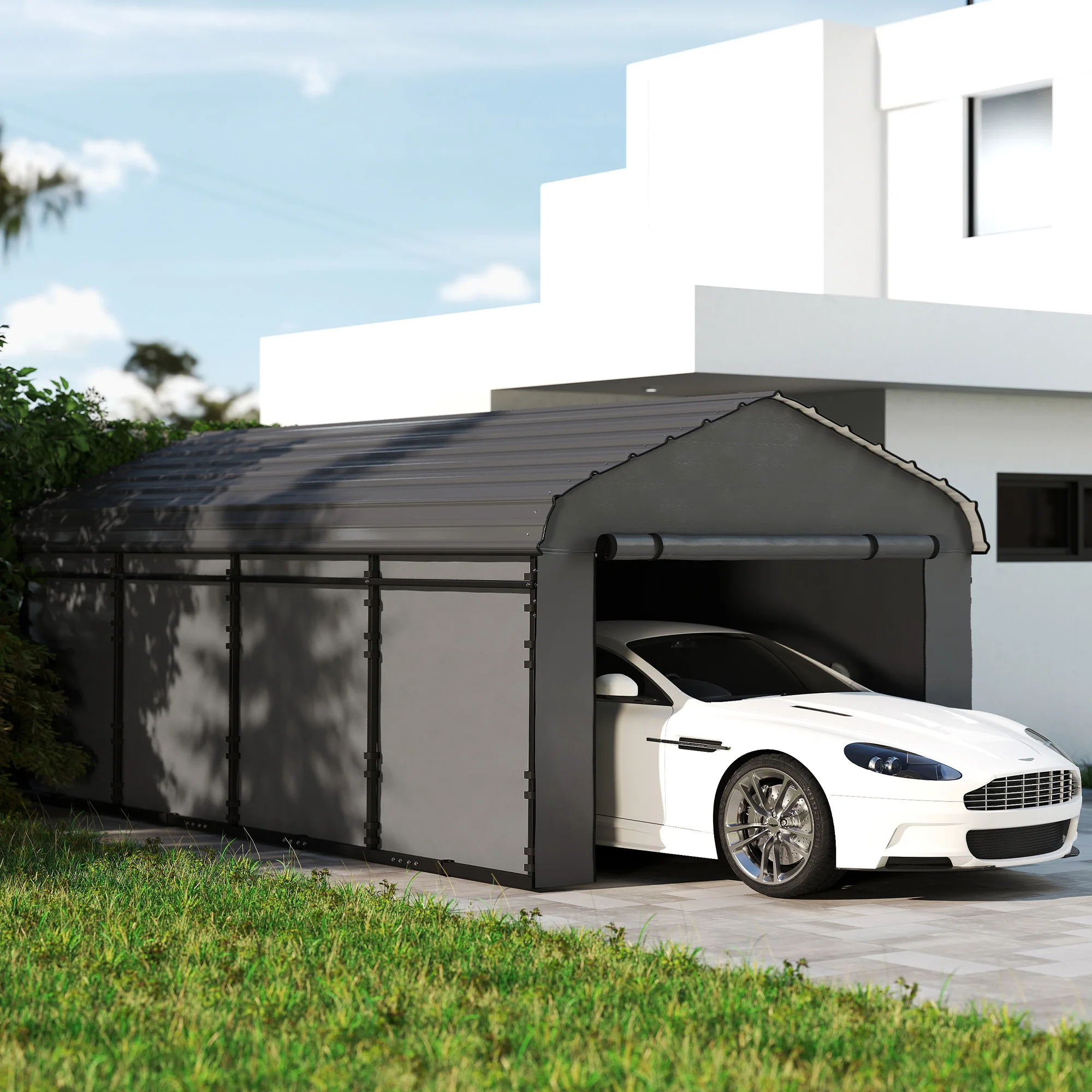 

Металлический навес для автомобиля 12' x 20', усиленный гаражный навес с оцинкованной металлической крышей и съемными боковыми стенками, темно-серый
