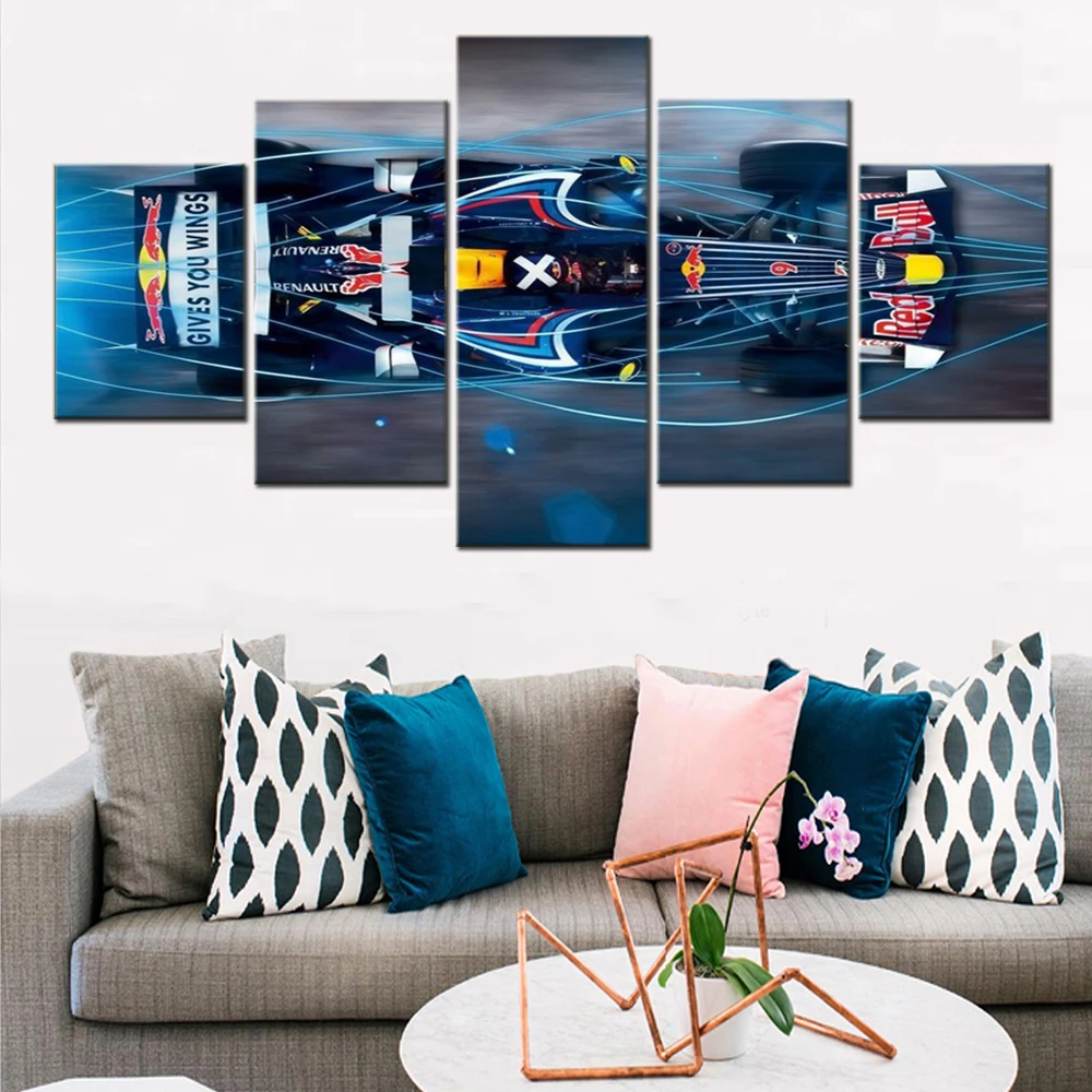 

5 Pieces Wall Art Canvas Poster Racing Car Digital Art Formula 1 Cyan Wallpaper Painting Living Room Home Decor Picture Print