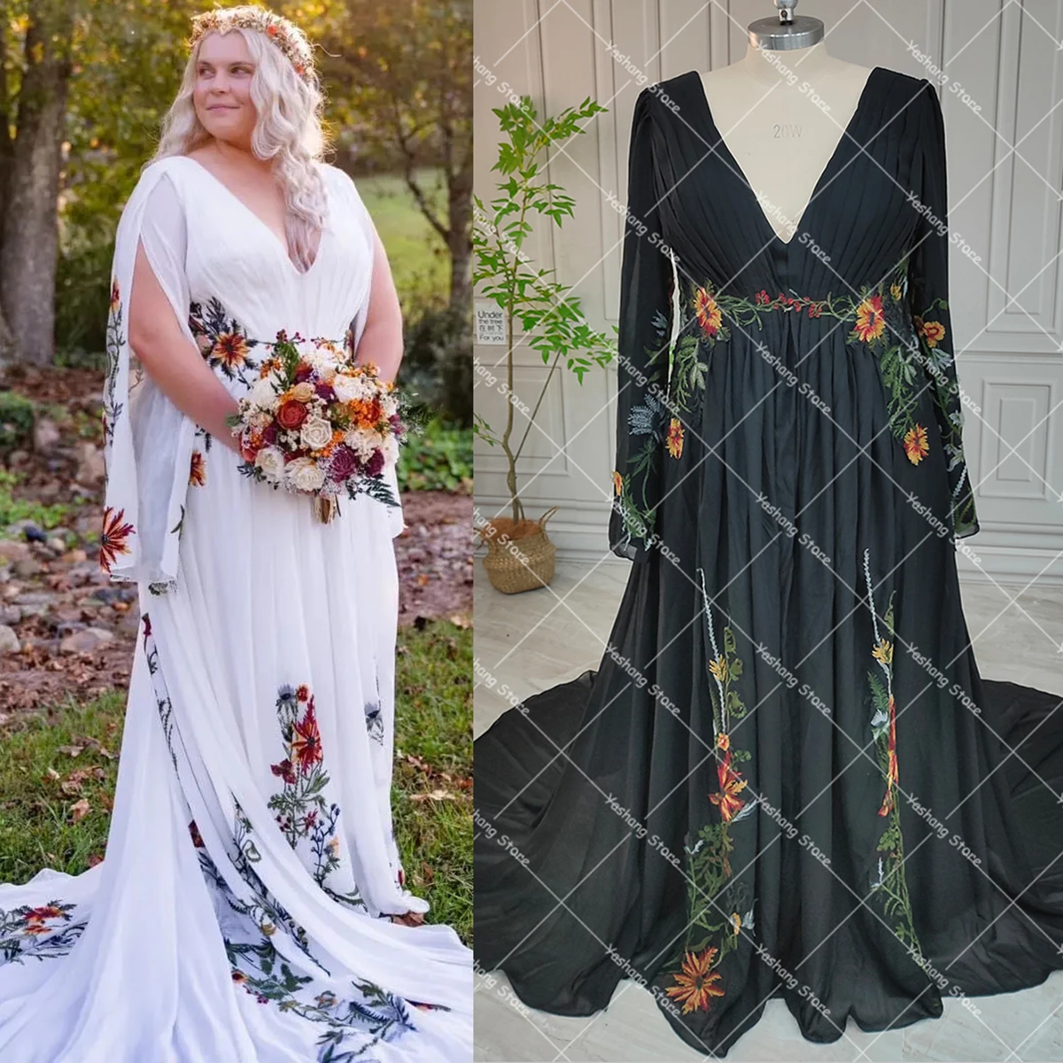 Customized Long Flare Split Sleeve Boho Colorful Embroidery Wedding Dress Plus Size Chiffon Outdoor Garden V Neck Bridal Gown