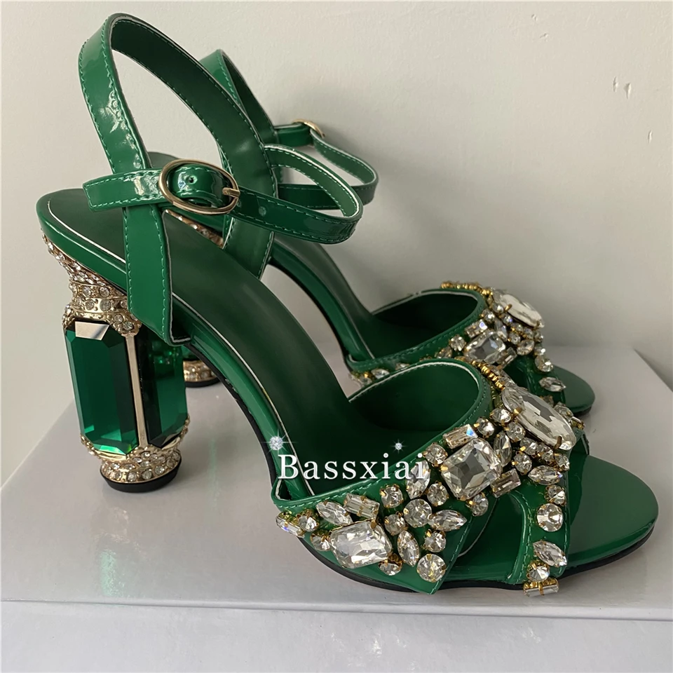 Luxury Sewing Diamond Rhinestone Sandals Women Jeweled Crystal High Heel Ankle Strap Banquet Shoes Summer