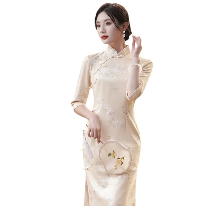 

Apricot Printed Suede Cheongsam Stand Collar Three-quarter Sleeve Side Slit Slim Fit Dress Chinese Clothing for Women in Autumn