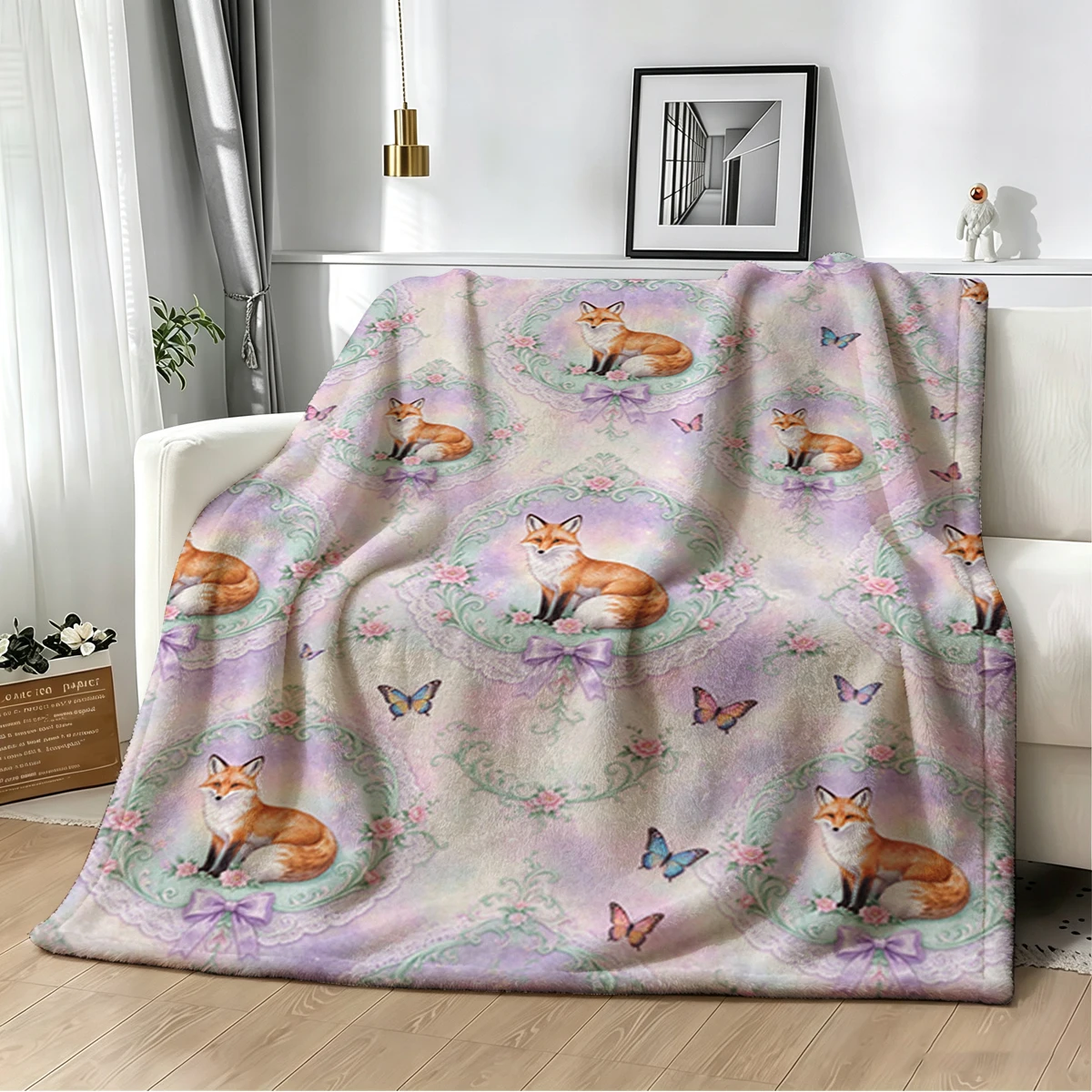 Fox in Blue Flower Pot Flannel Blanket Warm Soft Halloween Christmas Decorative Couch Warm Cozy All-Season Gift