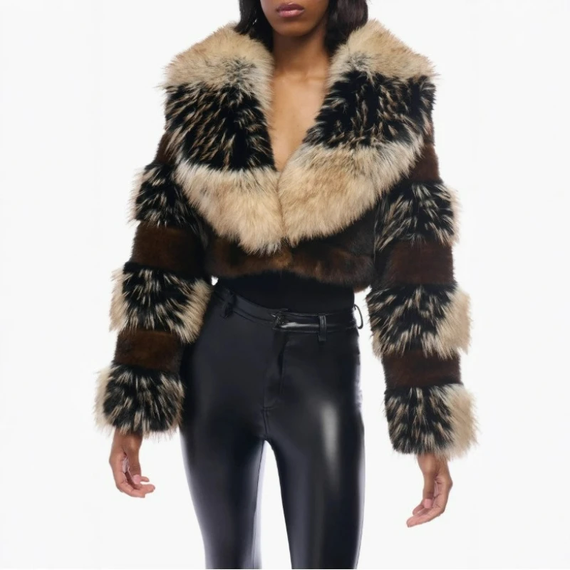 

Winter Fashionable American Retro Style Eco-friendly Artificial Fur Ultra-short Lapel Long-sleeved Top Fashionable Fitted Jacket