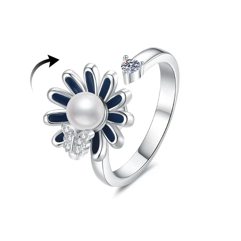 New Hot Selling Sunflower Rotating Ring for Women European and American Fashion Zircon Studded Flower Butterfly Opening Rings