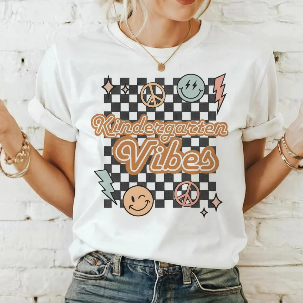 Summer Women's Plus Size T-Shirt Cartoon Checkered Kindergarten Vibes Back To School Pattern Printed Casual Round Neck Top