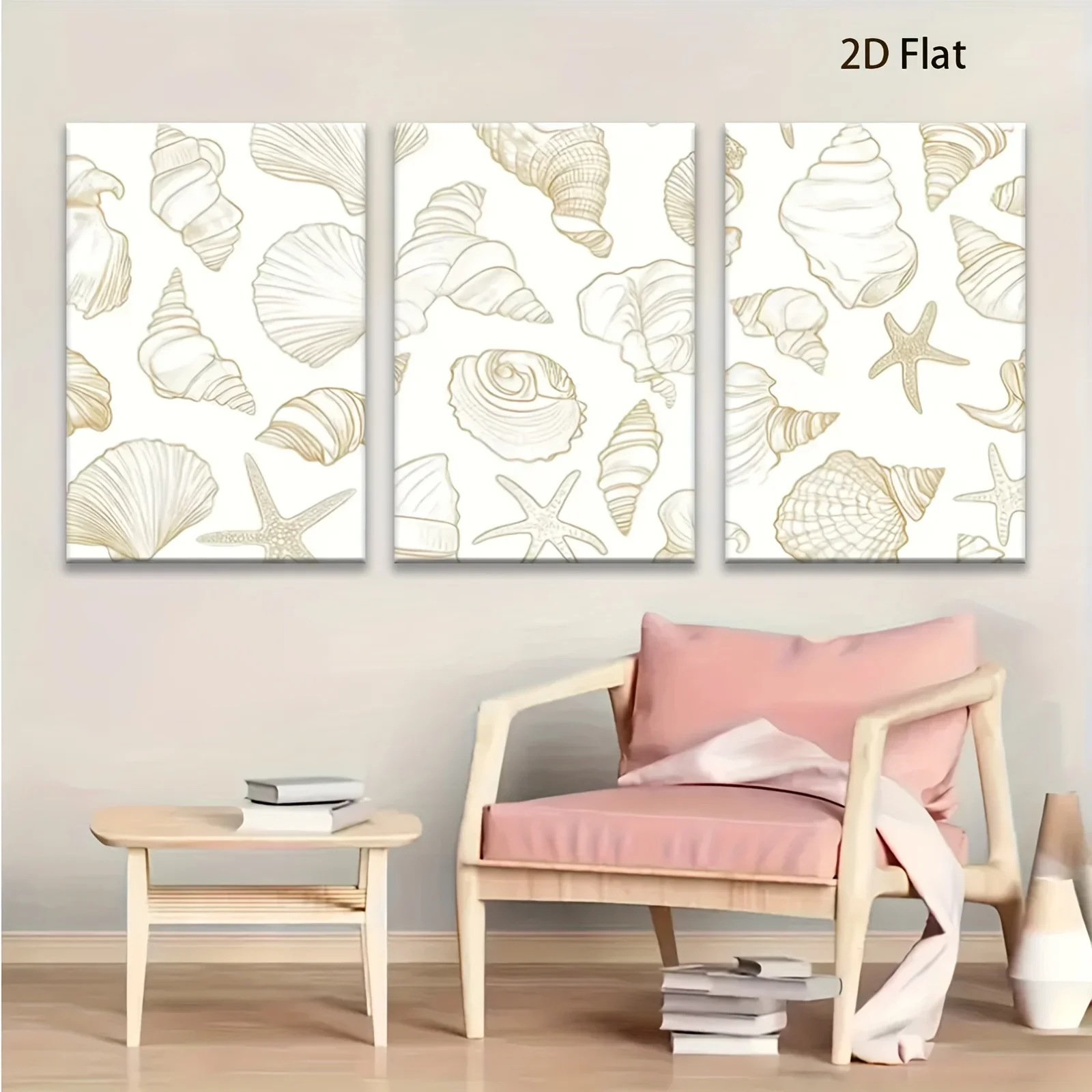 (No frame)2D Flat 3pcs 2D Wrapped Wood Frame Canvas Art Golden Lines Depict Marine Elements Such As Seashells And Starfishsui
