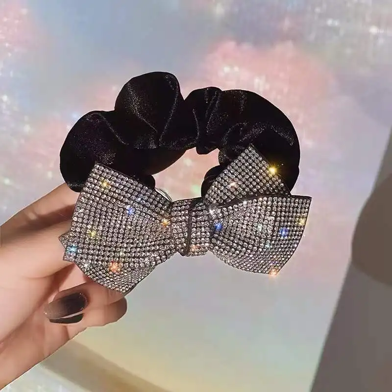 New Retro Bling Crystal Rhinestone Bow Scrunchie Hair Ties for Women Girls Hair Bands Jewelry Hair Accessories Pleated Headband