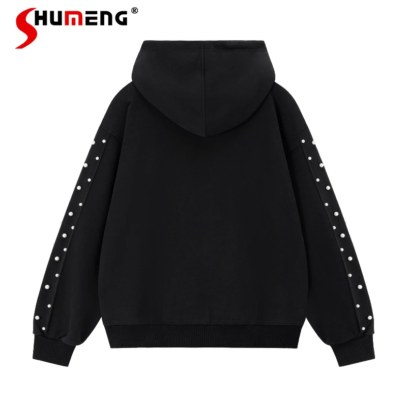 

Male American Style Beaded Loose Hooded Sweatshirts Men Women 2025 Autumn New Retro Street Chic Coats Zipper Solid Color Jackets