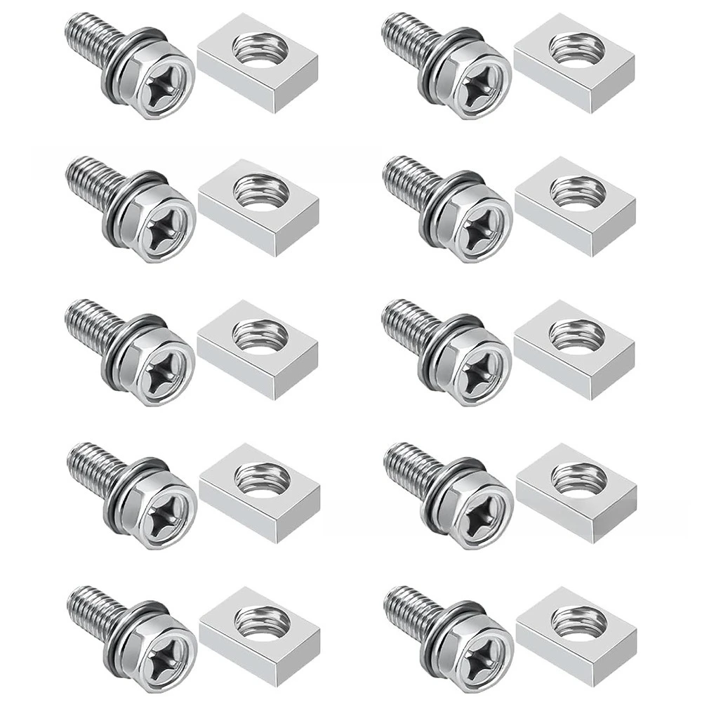 20Pcs Bagged M6 304 Stainless Steel Hex Cross Screw with Flat Spring Washer Square Nut Kit