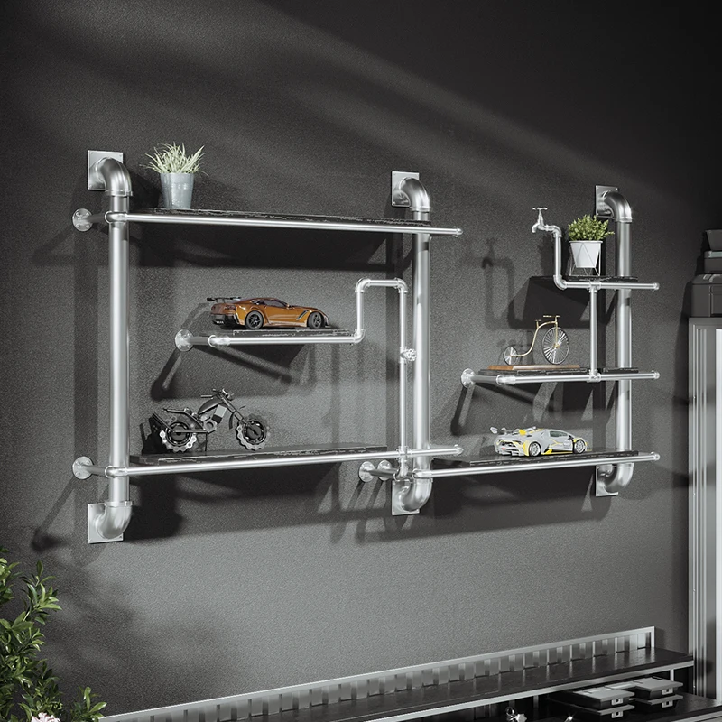 

Industrial wind wrought iron solid wood water pipe wall rack wine rack display rack creative wall decoration retro bookshelf
