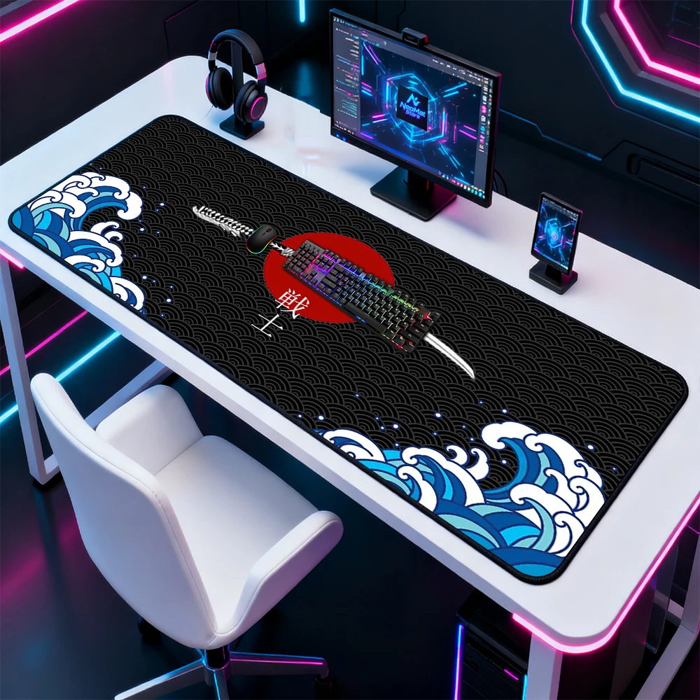 Japanese Desktop Mat Oversized Large Blue Waves 140x60cm Gaming 1800mm Office Thick Stain Resistant Study Premium Pc Accessories