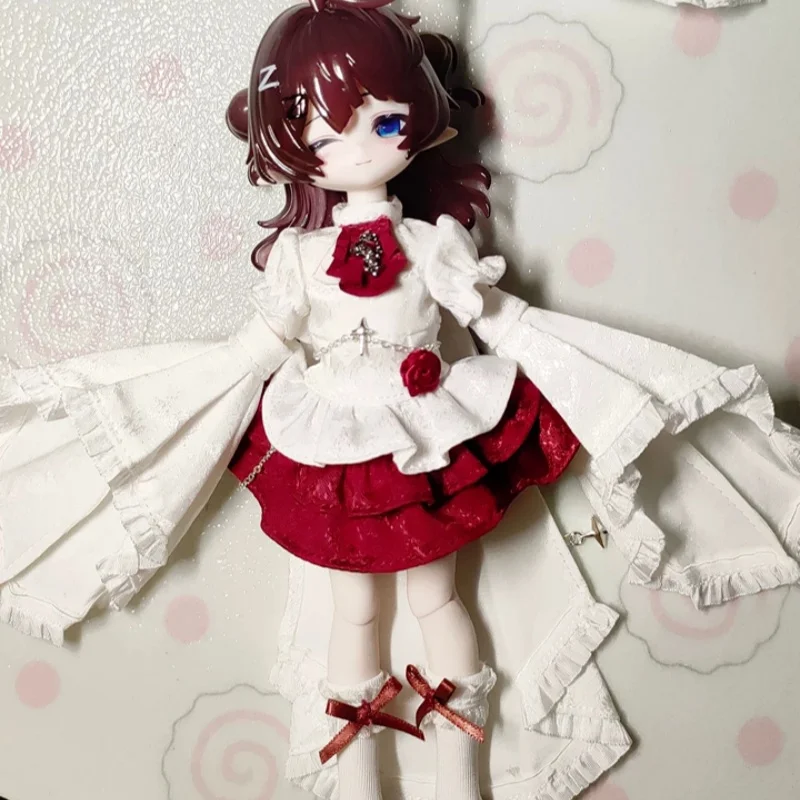 COME4FREE Bjd Clothes 1/8 Bjd Dress Set Ob11 Doll Outfit Red White Ruffled Skirt Chain Decor Fairy Tale Style Doll Clothing - view 5