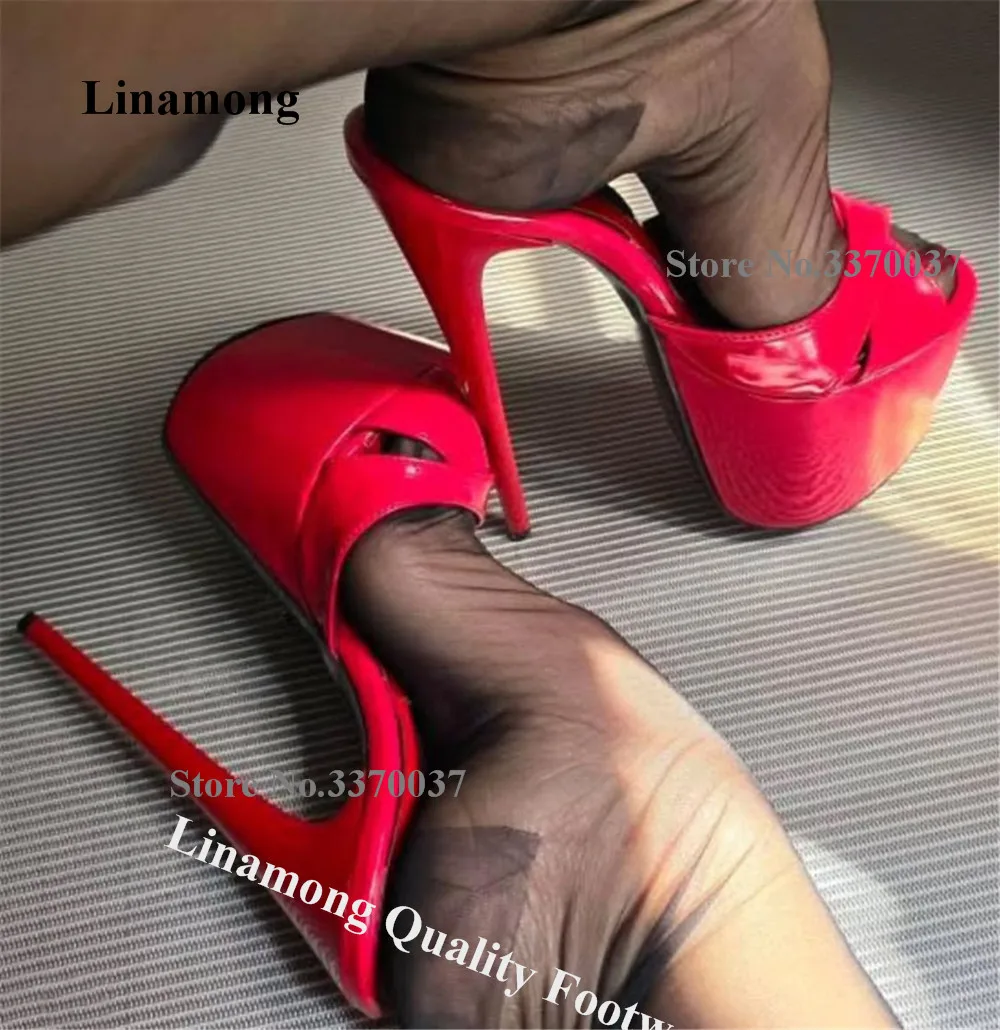 

Linamong Sexy Red Patent Leather Stiletto Heel Slippers Open Toe Straps Cross High Platform Thin Heel Sandals Party Heels