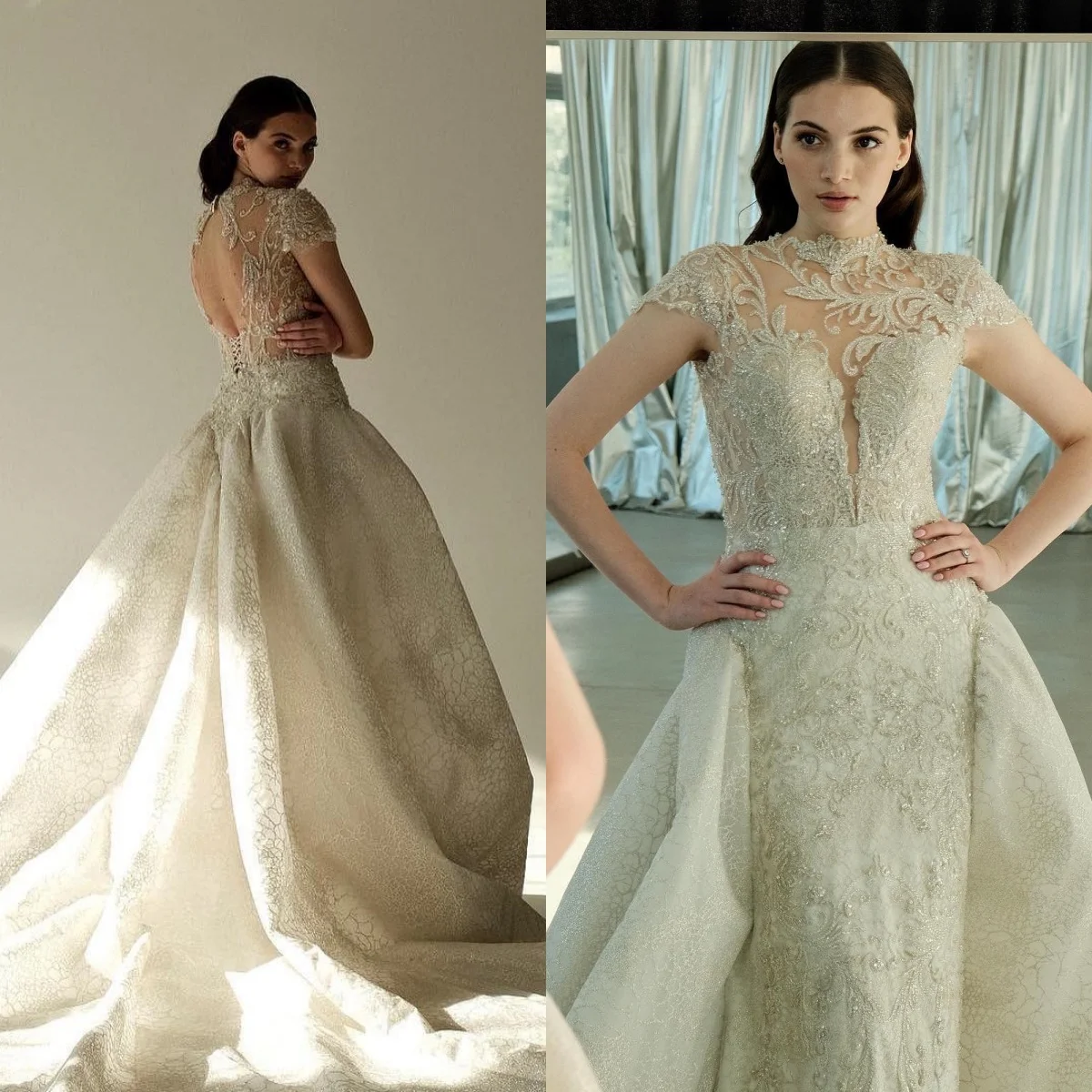 

Изысканное кружевное свадебное платье-русалка с высоким воротником, короткими рукавами, отстегивающимся шлейфом и рукавами-крылышками, элегантное платье для невесты, на заказ