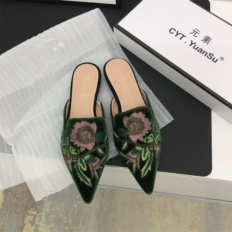 National Style Women\'s Half Slippers Pointed Toe Flock Cover Head Embroidery Flower Casual Flat Shoes Black/Apricot/Green