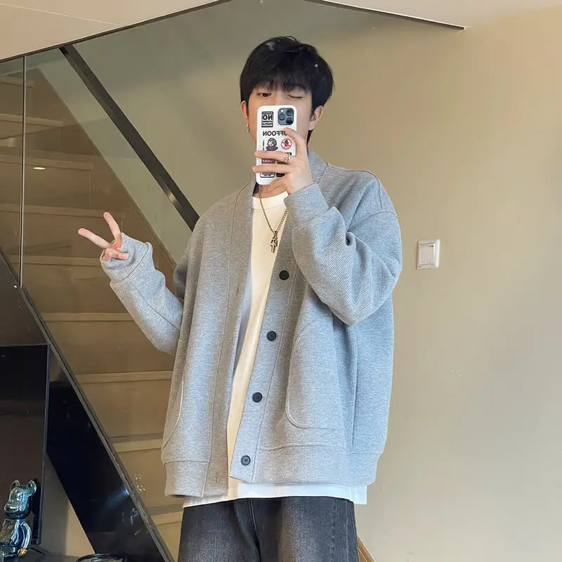 

Свободный крой, вязаный свитер с V-образным вырезом, мужской кардиган, повседневная одежда, длинное волокно из полиэстера, осенний сезон, модный тренд