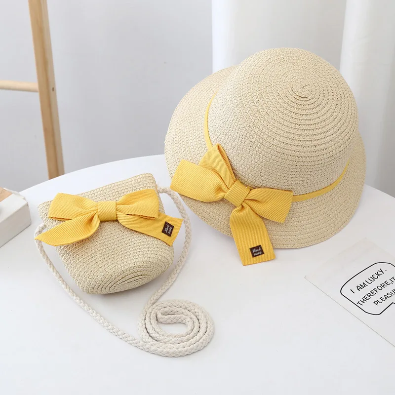 2-8 Years Kids Sun Hat Girls Summer New Straw Bag Cap Set Baby Travel Sun Protection Beach Hats Sun Fisherman Hat for Child