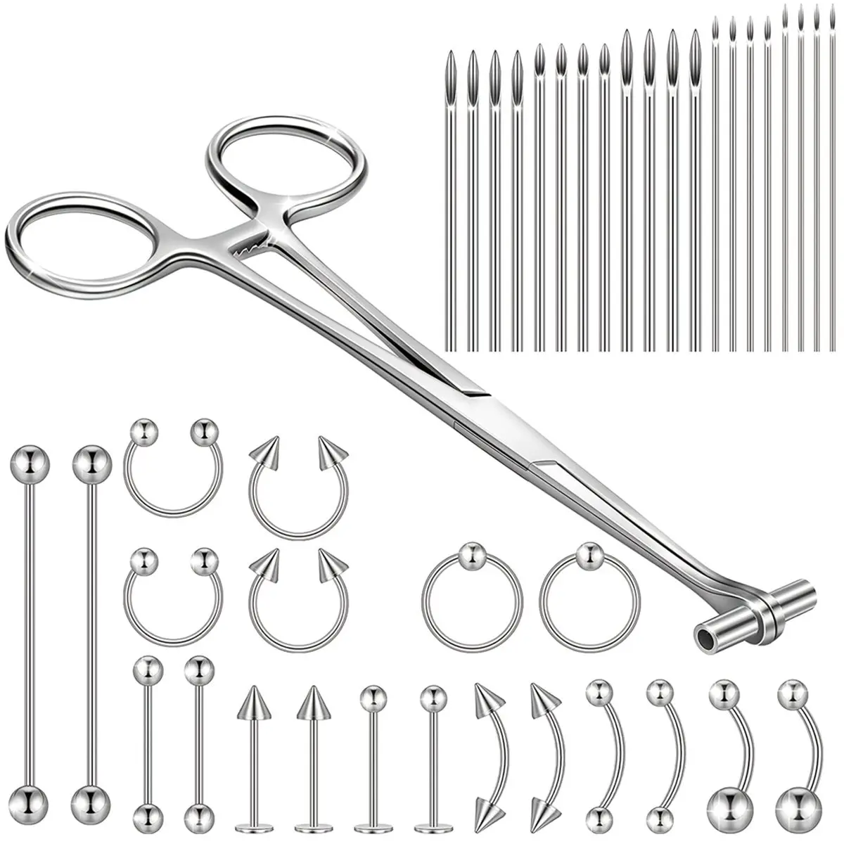 

[Y67A] 41pcs Body Piercing Tool Kit Include Septum Forceps Clamp Pliers 20 Pcs Stainless Steel Piercing Needles 20 Pcs Jewelry