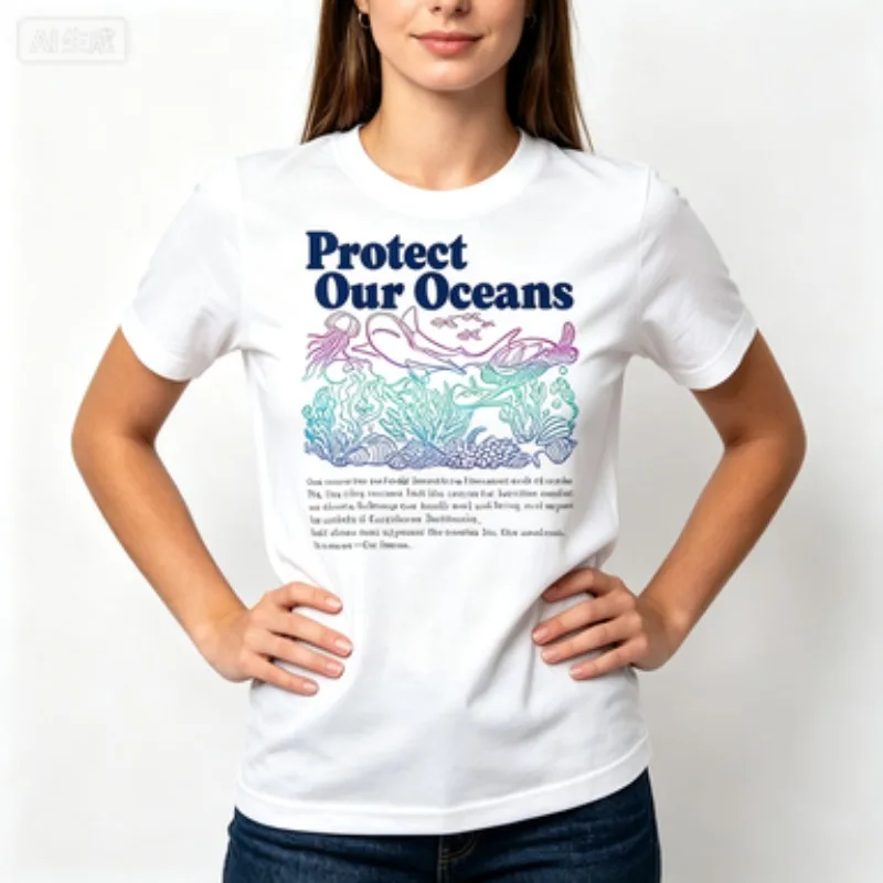 Women  Round‑neck Short‑sleeve T‑Shirt Protect Our Oceans Gradient Marine‑life Graphic Print Environmental Casual Female Tops