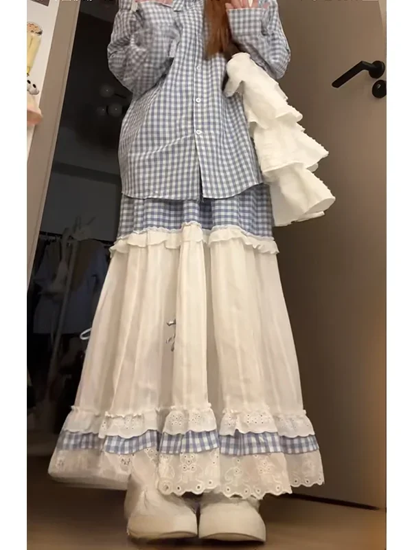 

Summer Mori Girl Sweet Ruffled Patchwork Lace Skirt Woman Vintage Elastic Waist Loose Underskirt Princess A-line Midi Skirt