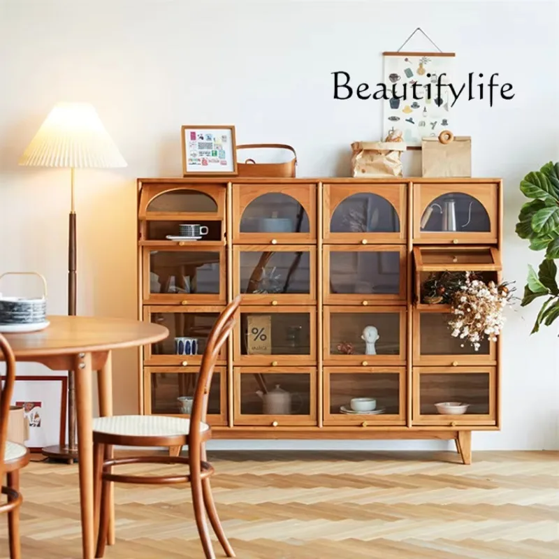 X40 Nordic Solid Wood Cherry Wood Bucket Cabinet Household Decoration Sixteen Grid Dining Room Wall Glass Display Cabinet