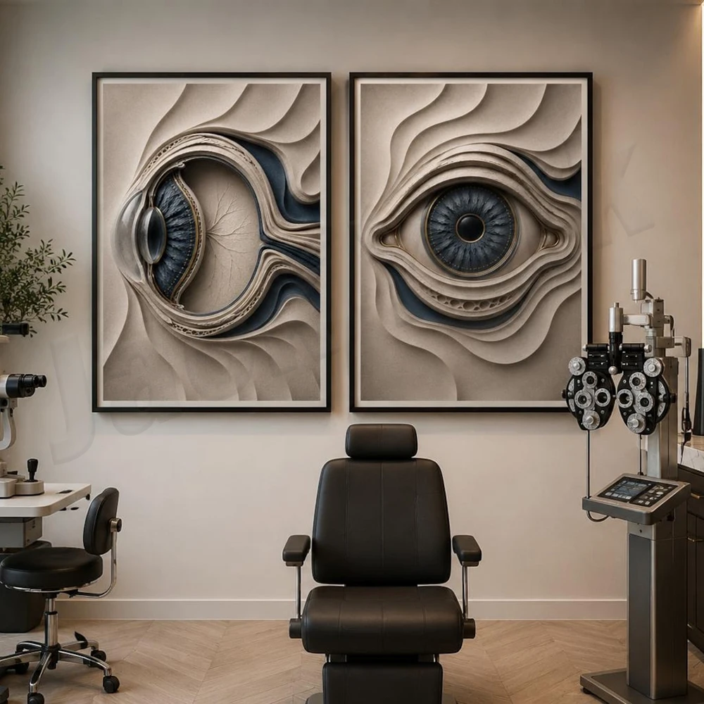 Eye anatomy illustrations, including the retina, cornea, and iris; ophthalmic art; posters for clinic waiting room decoration.