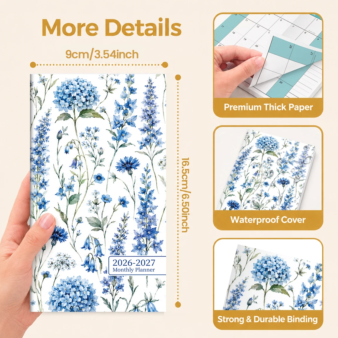 1PC A6 2026.7-2027.6 Monthly Planner Notebook, 12-Month Blue Floral Softcover, July 2026-June 2027, Notes & Contacts