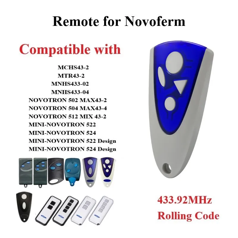 Controle remoto de substituição para porta de garagem, NOVOTRON, NOVOTRON, 502, 512, 522, 524, HS43-2, 304, MTR43-2, MCHS43-2, MNHS4, 433,92 MHz, Rolling Code