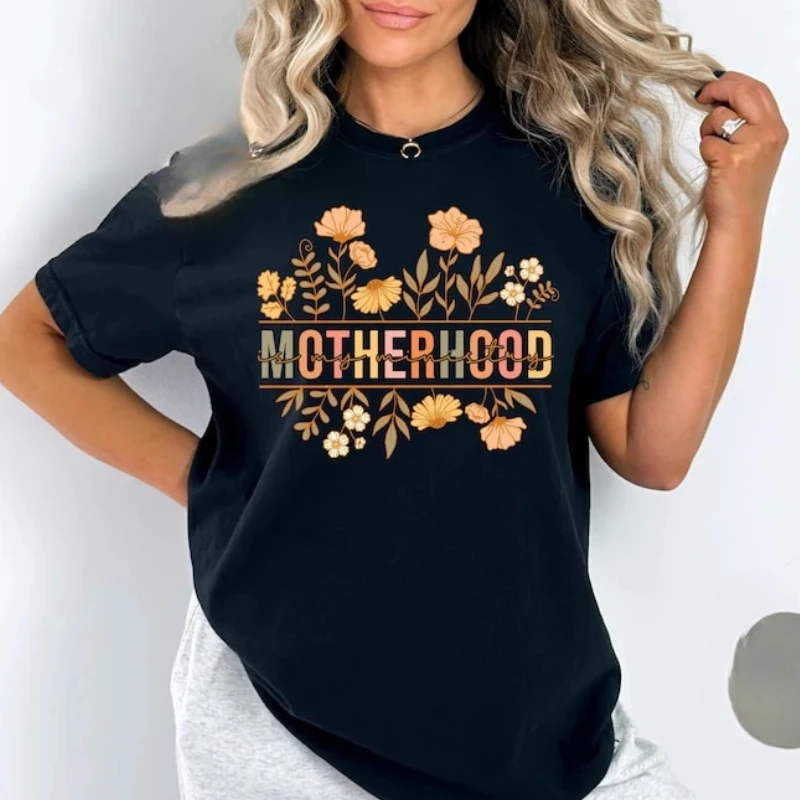 

Floral Motherhood Is My Ministry Cotton T-Shirt Wildflower Graphic Mama Tee Christian Religious Tee Cool Mom Casual Streetwear