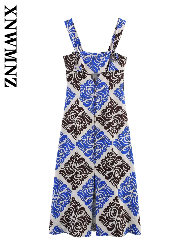 XNWMNZ 2025 Letnia Sukienka Midi na Ramiączkach w Stylu Boho dla Kobiet, Modna Sukienka Bez Rękawów z Odkrytymi Plecami i Szerokimi Ramiączkami