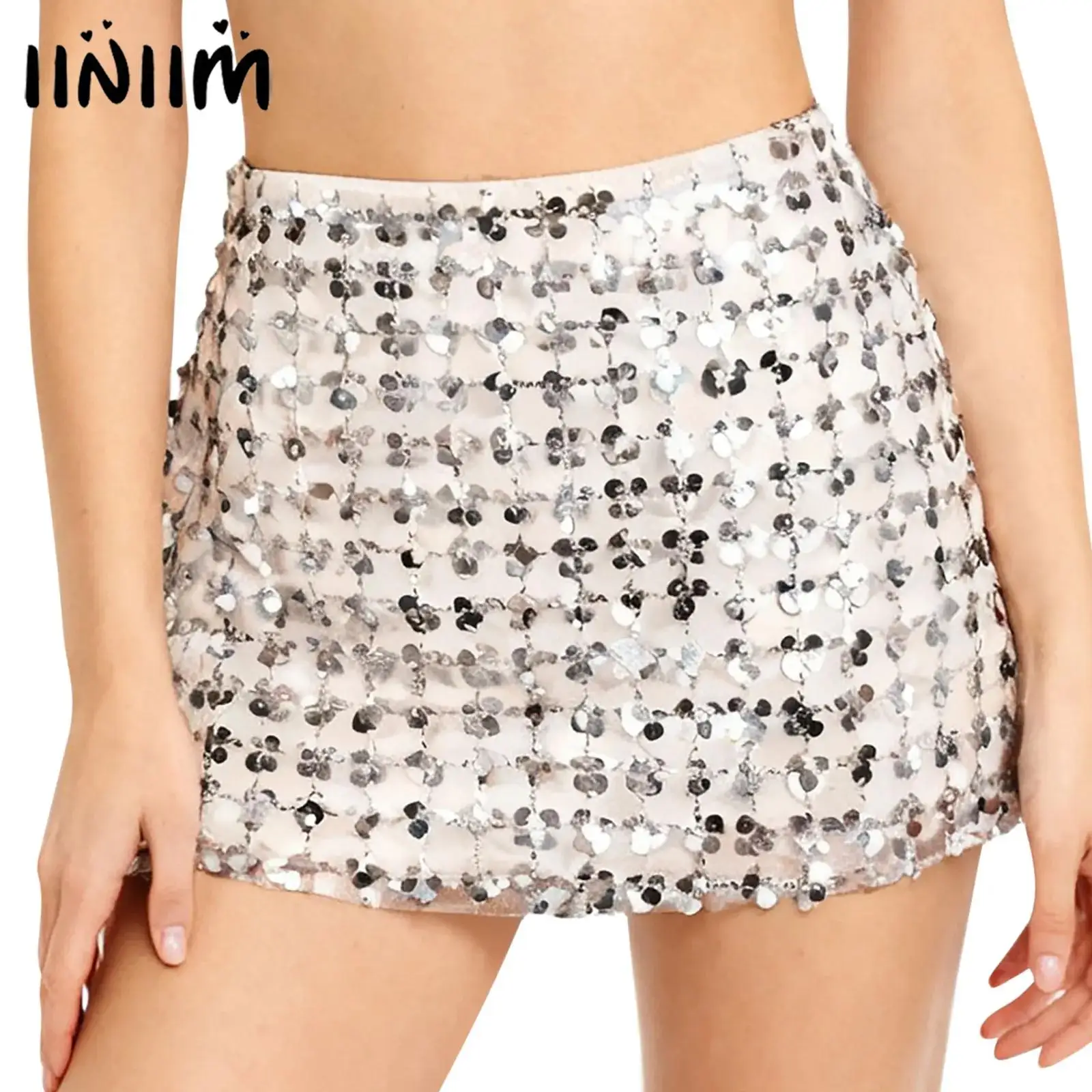 

Womens Glittery A-line Glitter Skirt Sparkly Bodycon Miniskirt Y2K Clothes Sequin Mesh Fully Lining Side Zipper Vintage Costume