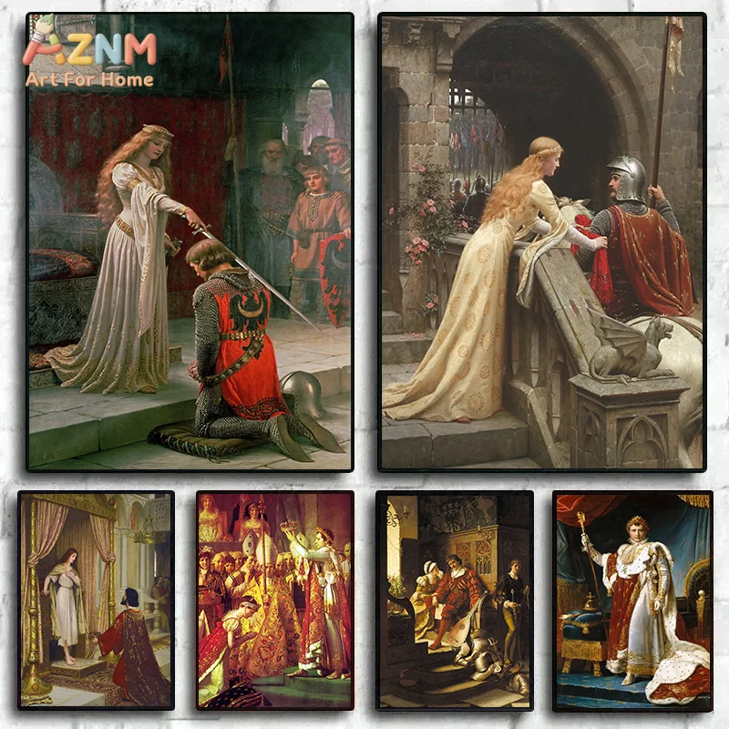 AZNM Medieval Royal Knight Classical Oil Painting Frameless Canvas Poster Vintage European Style Living Room Wall Art Decor