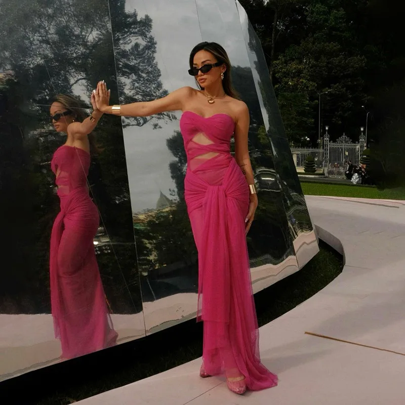 Hollow Out Partywear Streetwear Dress Women's Elegant Pink Maxi Dress Sexy Lady Long Dresses Girls Sleeveless Robe Mesh Dress