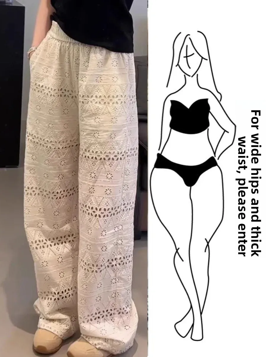 

High Waist Lace Hollow out Wide Leg Pants Women's Summer Thin Loose Casual Straight Leg Trousers Floor Length Korean Sle