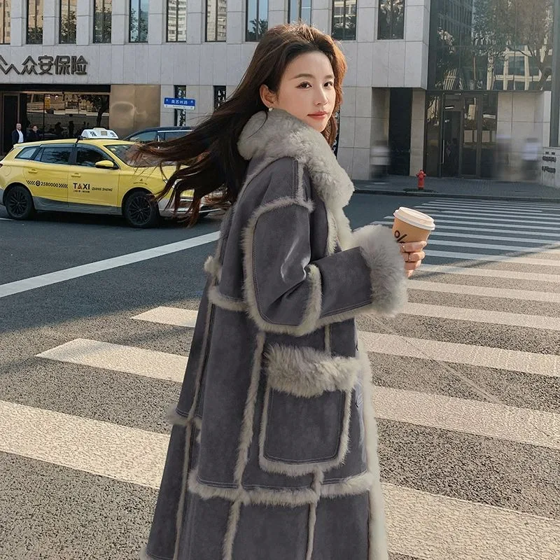 Purple Eco-friendly Fur All-in-one Lambskin Coat Cotton-padded Jacket Women Winter New Style Korean Long Style Fashionable Warm