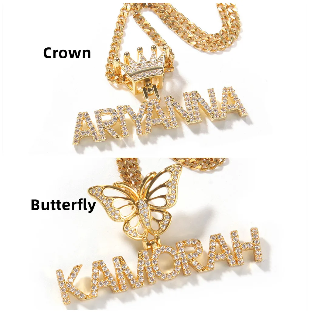 DOREMI Crystal Custom Name Pendant With Butterfly Crown  Micro Paved CZ Personalized Letter Plate Necklace Customized Jewelry