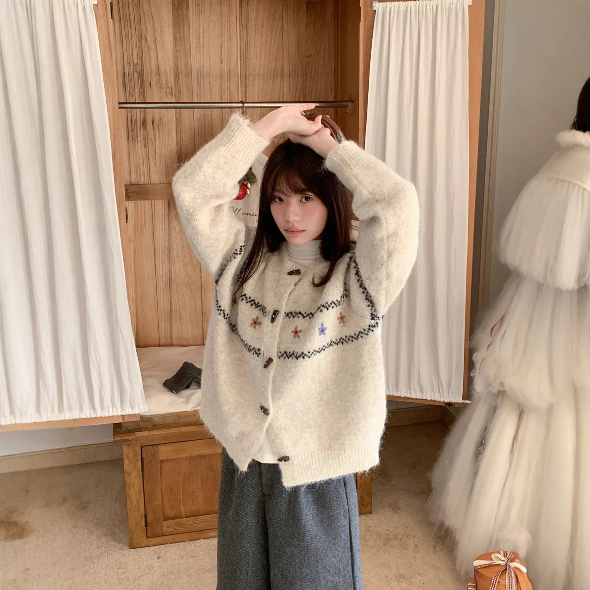 الغابات نمط الجاكار محبوك سترة معطف المرأة الخريف والشتاء تنوعا سترة سترة Laid-الظهر نمط سترة فضفاضة #2