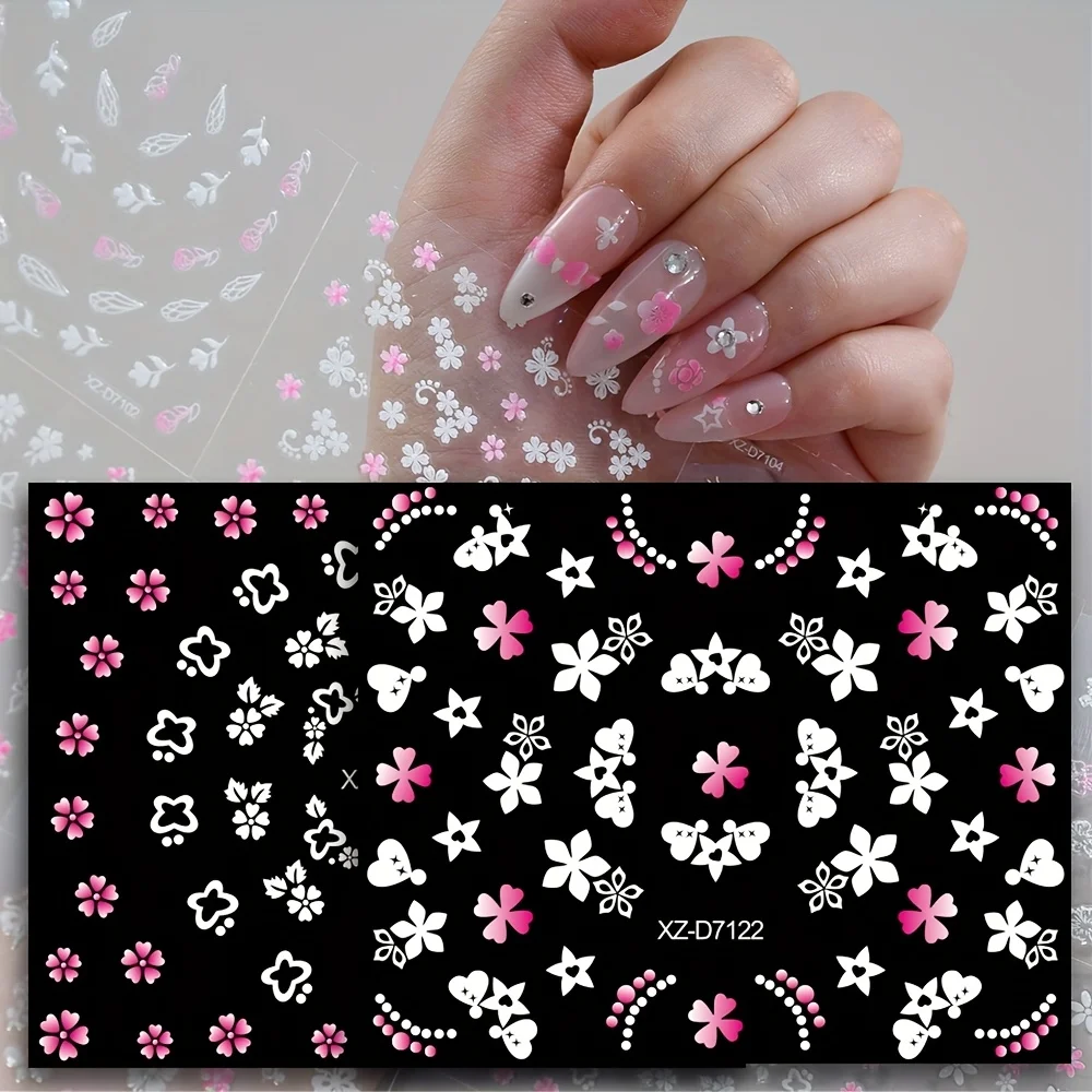 30 pegatinas de manicura rosas y blancas sin repetir, calcomanías para uñas con patrones surtidos, arte floral