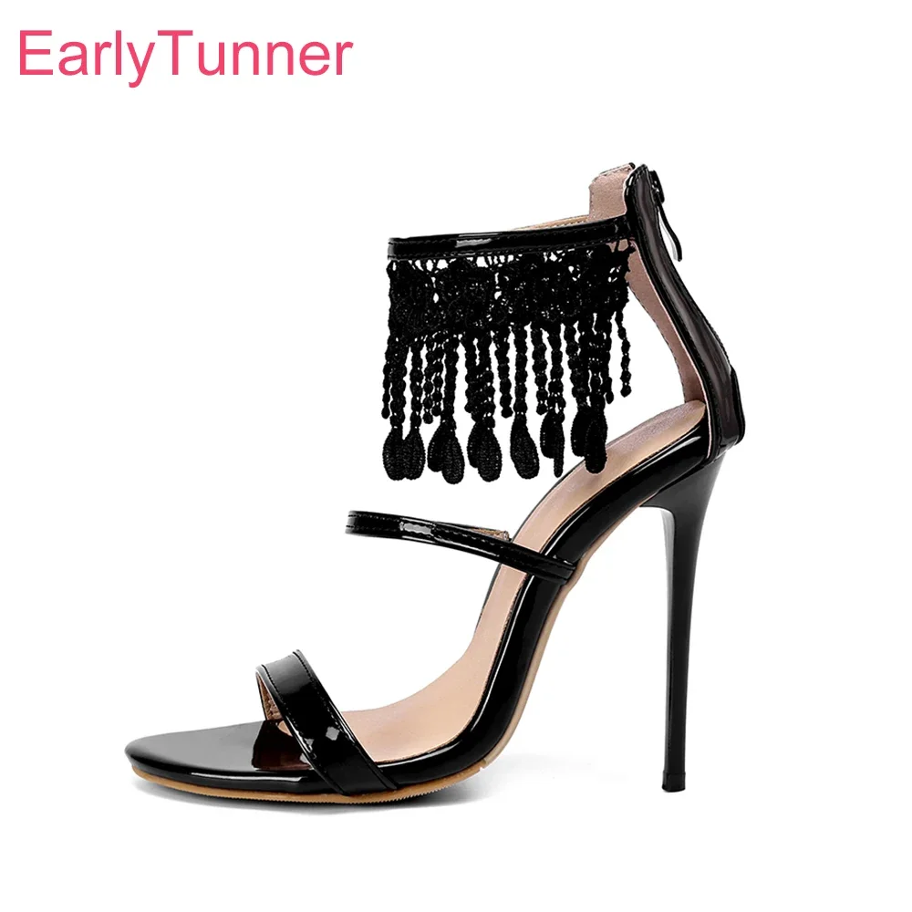 Summer New Sexy Black White Women Gladiator Sandals Glamour Tassel High Heels Lady Party Shoes Plus Big Size 43 47