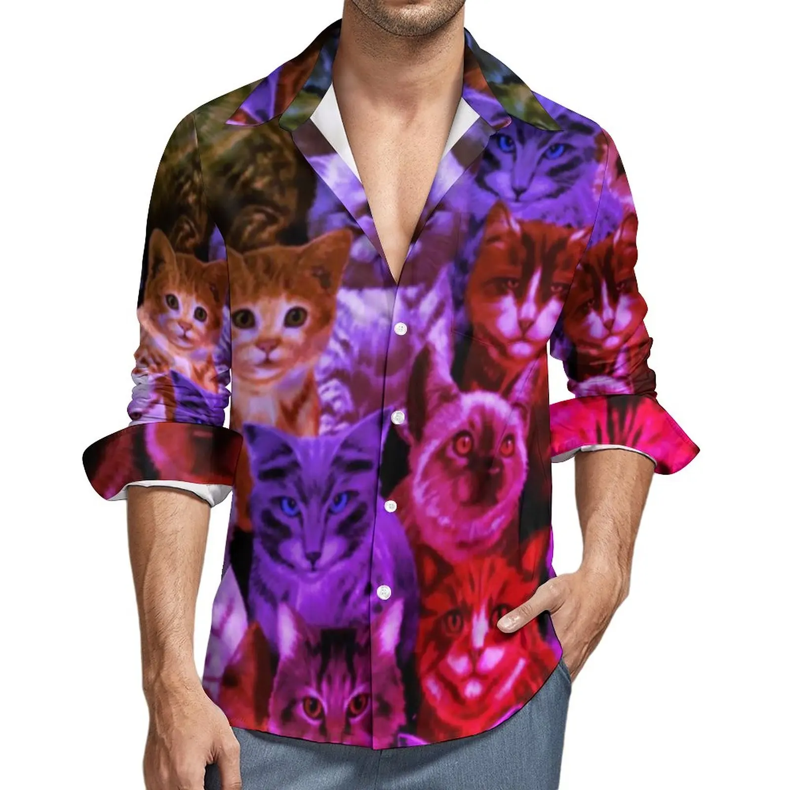 

Funny Cat Print Casual Shirts Men Cats Timeless Treasures Shirt Long Sleeve Vintage Street Style Blouses Autumn Graphic Clothing