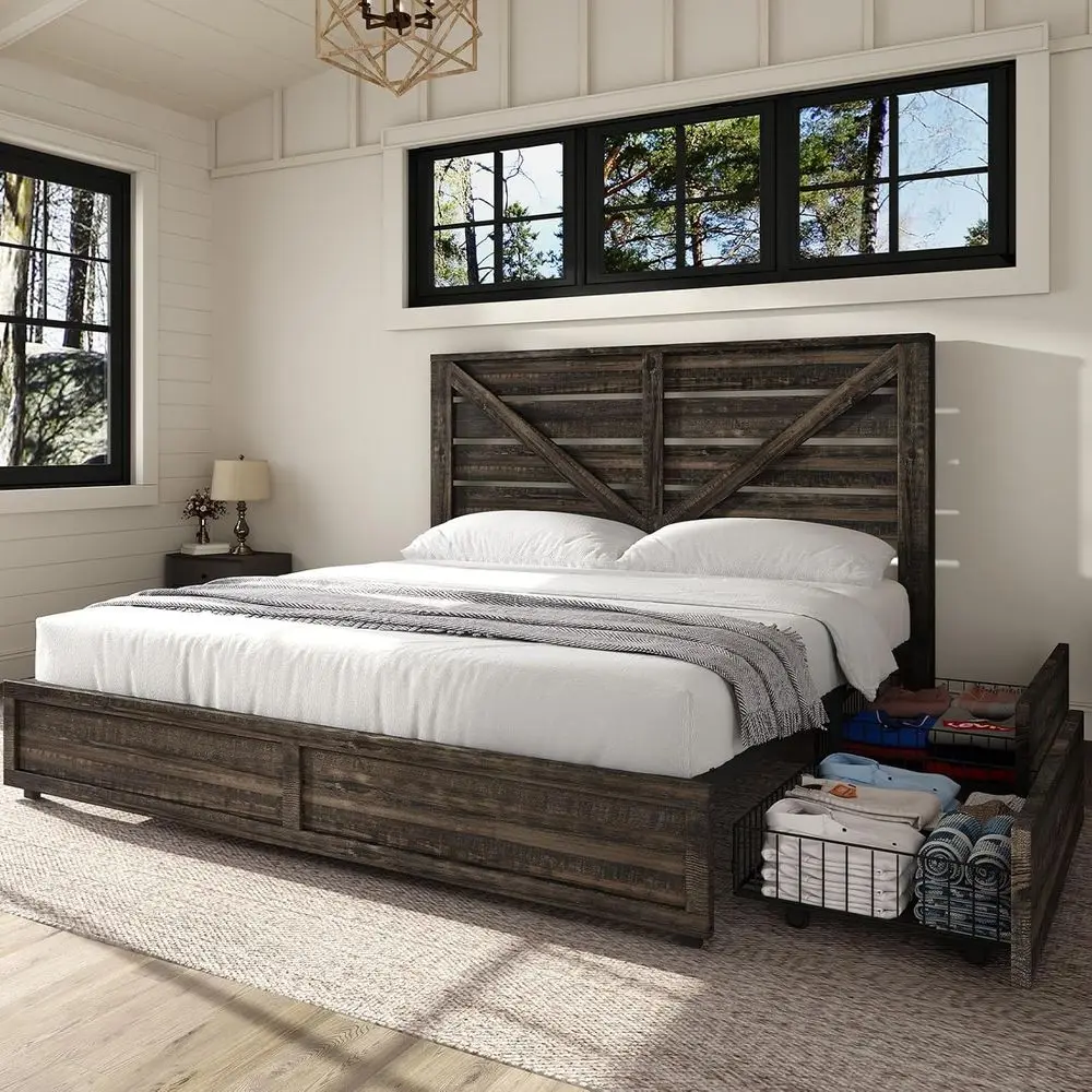 

Queen Size Wooden Storage Bed with 4 Drawers, Heavy Duty Metal Slats, Rustic Black, Easy Assembly