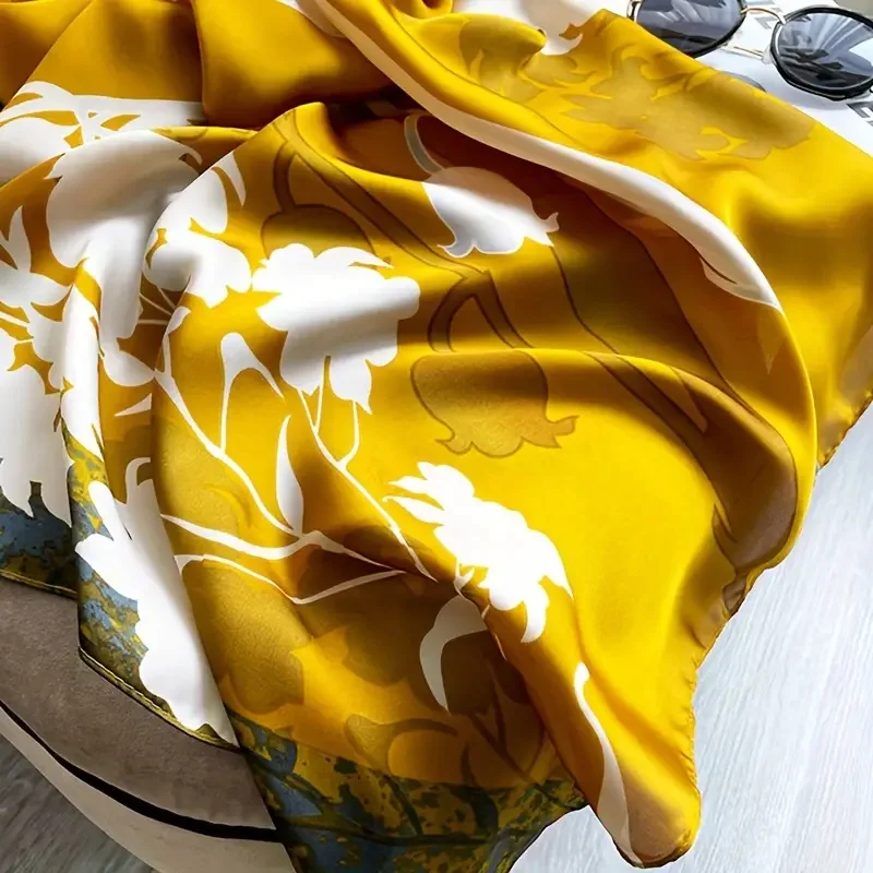 New Golden Tulip Print Scarf Elegant Imitation Silk Shawl Casual Sun Protection Windproof Headscarf For Women Silk Scarf 2025